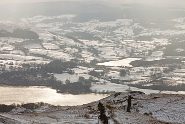 Lake Windermere and Blelham Tarn in the snow near Ambleside, Lake District National Park, Cumbria, England, United Kingdom, Europe