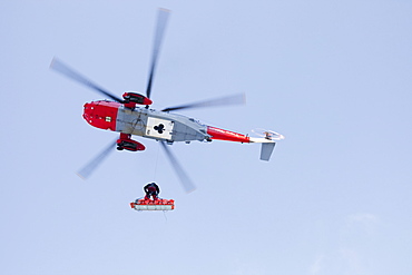 A Navy Sea King evacuates a seriously injured walker who had fallen 250 feet on Bow Fell in the Lake District, Cumbria, England, United Kingdom, Europe