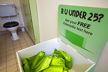 A Chlamydia self testing kit in the toilets of The University of Cumbria campus in Ambleside, Cumbria, England, United Kingdom, Europe