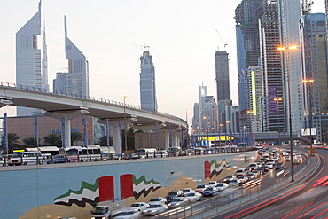 Cars in the evening rush hour in Dubai City, United Arab Emirates, Middle East