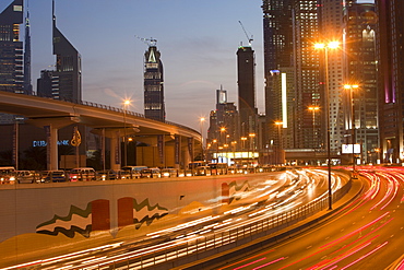 Cars in the evening rush hour in Dubai City, United Arab Emirates, Middle East