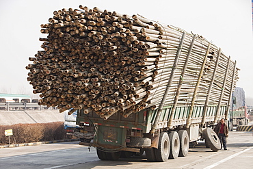 A lorry overloaded with bamboo breaks down in northern China, Asia