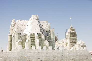 An ice palace built with blocks of ice from the Songhue river in Harbin, Heilongjiang Province, Northern China, Asia