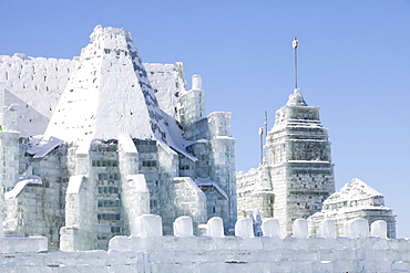 An ice palace built with blocks of ice from the Songhue river in Harbin, Heilongjiang Province, Northern China, Asia