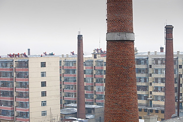 Housing complexes in many cities in northern China have solar water heaters on the roof, China, Asia