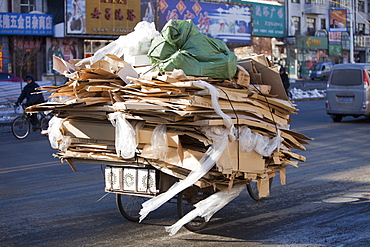 Cardboard being taken for recycling in Suihua city in Heilongjiang Province in northern China, Asia