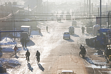 Slum dwellings in Suihua, Heilongjiang Province pump out coal smoke into an already highly polluted atmosphere, China, Asia