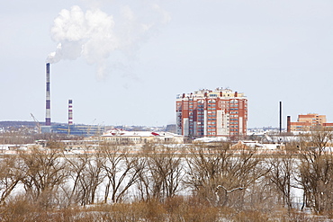 A coal fired power station in Russia taken across the Heilongjiang River that is the border between the Chinese city of Heihe and Russia, Heilongjiang, China, Asia