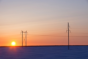 Pylons near Heihe on the Chinese Russian border after heavy snow, Heilongjiang, China, Asia