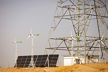 Solar and wind powered electric power a mobile phone mast in a remote part of Inner Mongolia that doesn't have mains electricity, China, Asia