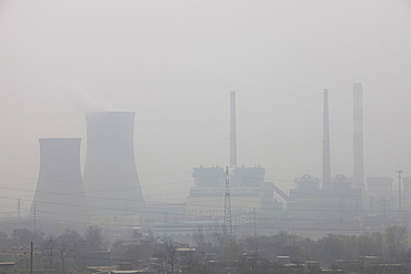 Highly polluted smog hangs over Coal fired power plants in Shanxi province, China, Asia