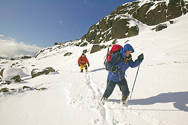 Climbers in Coire Lagan on the Cuillin Ridge on the Isle of Skye, Scotland, United Kingdom, Europe