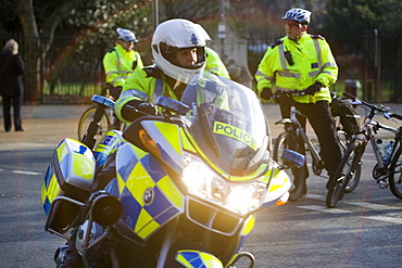 Police bikers policing at a climate change rally in London in December 2008, England, United Kingdom, Europe