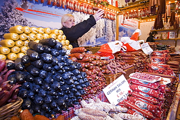 German sausages on a stall at the Christmas market outside Manchester Town Hall in Manchester, England, United Kingdom, Europe