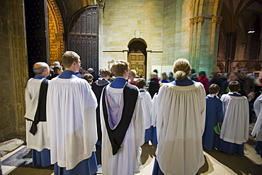 Choir boys in Lincoln Cathedral for a Christmas service, Lincoln, Lincolnshire, England, United Kingdom, Europe