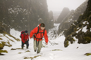 Climbers in the Quiraing on the Isle of Skye, Scotland, United Kingdom, Europe