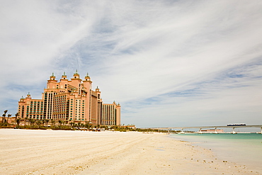 The Atlantis on the Palm, a hyper luxury hotel on land reclaimed from the sea, with a monorail transport system taking guests to the hotel, Dubai, United Arab Emirates, Middle East