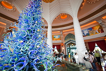 A massive glass art installation in the foyer of the hyper-luxurious Atlantis on the Palm hotel in Dubai, United Arab Emirates, Middle East