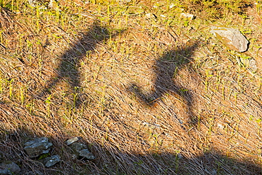 The shadows of two men jumping in the Lake District, Cumbria, England, United Kingdom, Europe