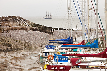 A sailing ship off Porlock Weir on the Somerset Coast, England, United Kingdom, Europe