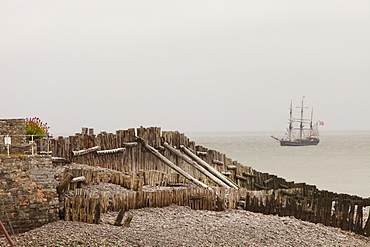 A sailing ship off Porlock Weir on the Somerset Coast, England, United Kingdom, Europe