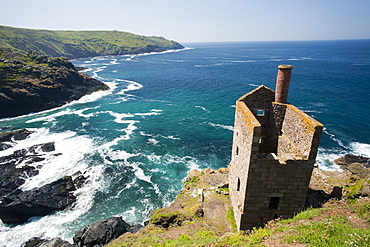 The famous Crown tin mine at Bottallack on the North Cornish coast, now abandoned but its old shafts extend way out below the sea, Cornwall, England, United Kingdom, Europe