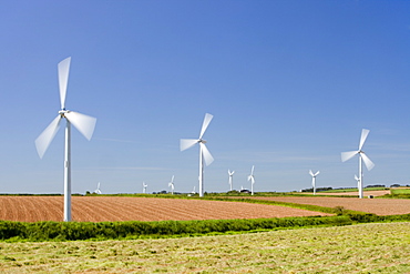 A wind farm on agricultural land in West Cornwall near St Ives, Cornwall, England, United Kingdom, Europe