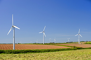 A wind farm on agricultural land in West Cornwall near St Ives, Cornwall, England, United Kingdom, Europe