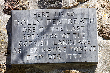 A plaque to the last person who was an exclusively Cornish speaker, Mousehole, Cornwall, England, United Kingdom, Europe