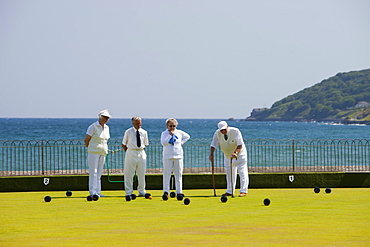 Old people playing bowls at Penzance in West Cornwall, England, United Kingdom, Europe