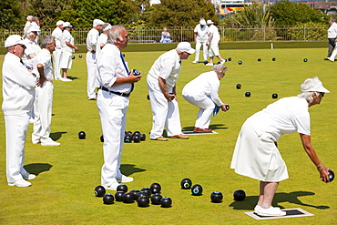 Old people playing bowls at Penzance in West Cornwall, England, United Kingdom, Europe