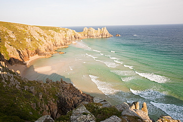 Logan Rock headland at Porthcurno in Cornwall, England, United Kingdom, Europe