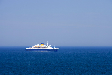 A cruise ship off Pendeen on the Cornish coast, Cornwall, England, United Kingdom, Europe