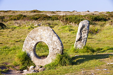 The famous Men an Tol stone near St. Just, a late Neolithic monument in Cornwall, England, United Kingdom, Europe