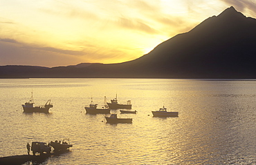 The Cuillin Mountains from Elgol with fishing boats, Isle of Skye, Scotland, United Kingdom, Europe