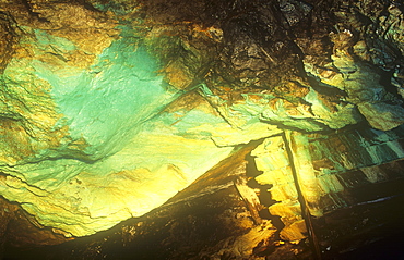 Copper staining in Coniston Copper mines, long since abandoned in the Lake District,, United Kingdom