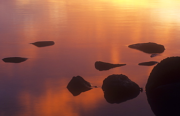 The edge of Coniston water at sunset in the Lake District, England, United Kingdom, Europe