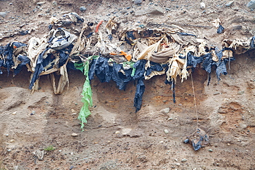 Buried rubbish revealed by coastal erosion on the west coast of Walney Island, Cumbria, England, United Kingdom, Europe