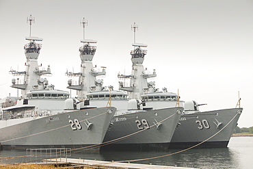 Naval warships moored in Barrow Dock for refitting, Cumbria, England, United Kingdom, Europe