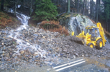 The A591 road blocked at Thirlmere by a landslide caused by extreme weather, Lake District, Cumbria, England, United Kingdom, Europe