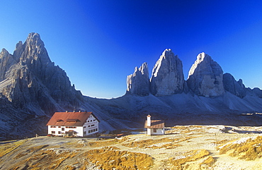 The Locateli hut below the Tre Cime de Laverado in the Italian Dolomites, Italy, Europe