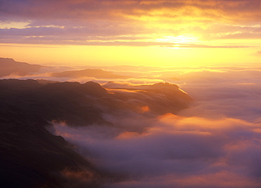 A temperature inversion at sunset over Eskdale in the Lake District National Park, Cumbria, England, United Kingdom, Europe