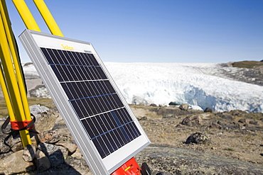 PHD scientist Ian Bartholomew's theodolite tripod being used to measure the speed of the Russell Glacier near Kangerlussuaq, Greenland, Polar Regions