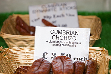 Sausage on a farmers market in Kendal, Cumbria, England, United Kingdom, Europe