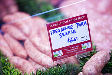 Free range sausages at Plumgarths farm shop in Kendal, Cumbria, England, United Kingdom, Europe