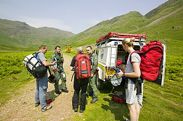 Langdale Ambleside mountain Rescue Team with a Sea King Helicopter in Langdale, Lake District, Cumbria, England, United Kingdom, Europe