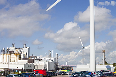 A 2 MW wind turbine producing renewable electricity in the grounds of the Eastman factory on the outskirts of Workington, Cumbria, England, United Kingdom, Europe