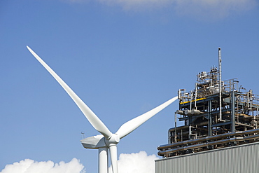 A 2 MW wind turbine producing renewable electricity in the grounds of the Eastman factory on the outskirts of Workington, Cumbria, England, United Kingdom, Europe