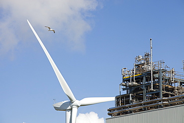 A 2 MW wind turbine producing renewable electricity in the grounds of the Eastman factory on the outskirts of Workington, Cumbria, England, United Kingdom, Europe