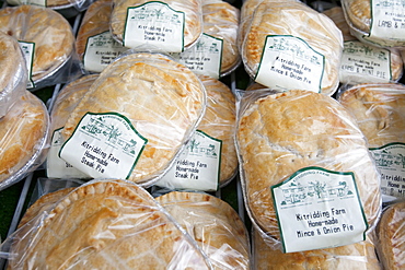 Locally produced pies from Kitridding farm in Kirkby Lonsdale on a farmers market in Kendal, Cumbria, England, United Kingdom, Europe